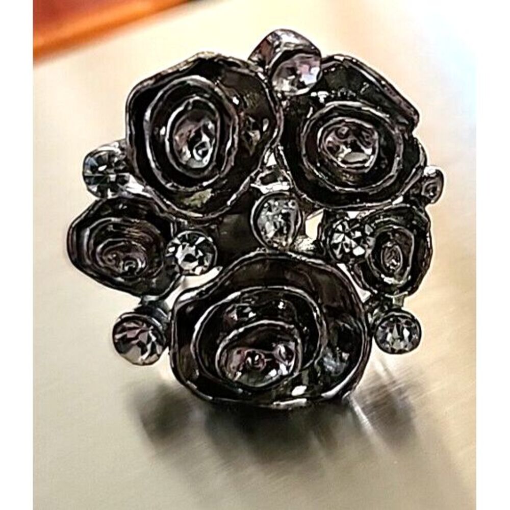 Roses Rhinestones Adjustable‎ Silver Ring